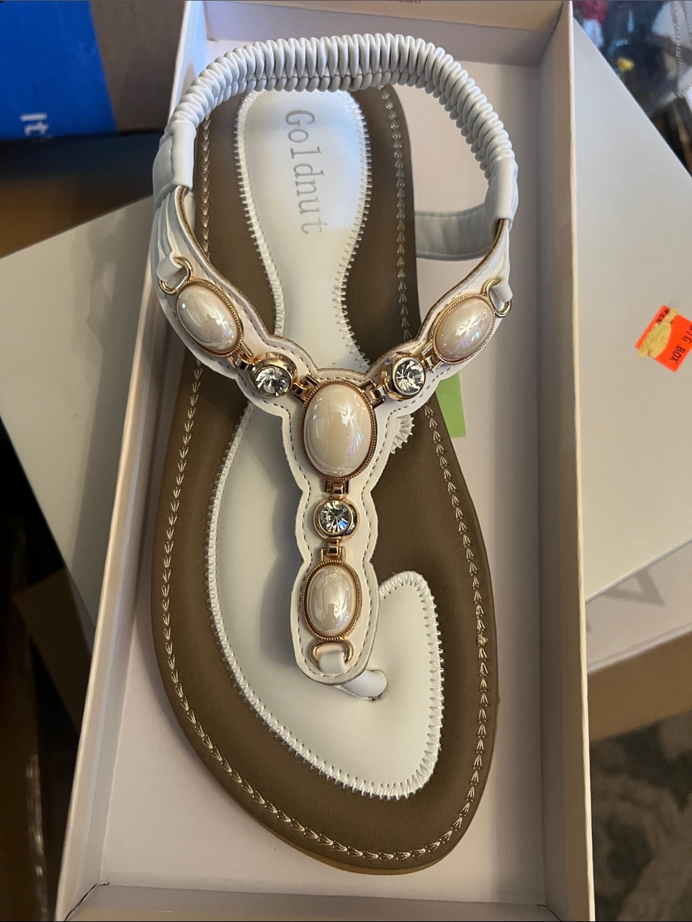 Goldnut Women's White Embellished T-Strap Sandal